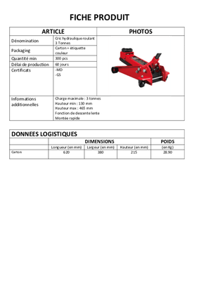 Equipement d'atelier - Levage - Cric hydraulique 3 tonnes